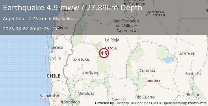 Earthquake 39 km N of San Agustín de Valle Fértil, Argentina (4.9 mww) (2025-08-22 20:42:25 UTC)