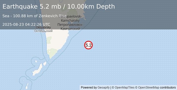 Earthquake 180 km SE of Vilyuchinsk, Russia (5.2 mb) (2025-08-23 04:22:26 UTC)