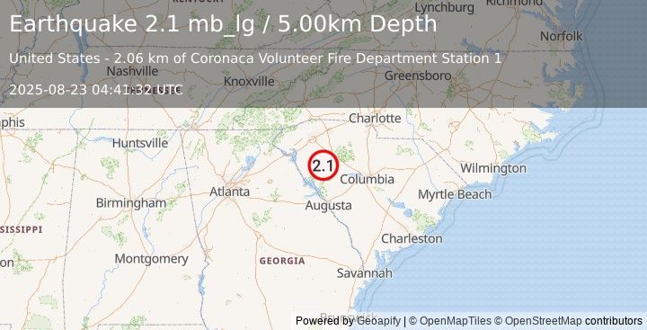 Earthquake 2 km N of Coronaca, South Carolina (2.1 mb_lg) (2025-08-23 04:41:32 UTC)