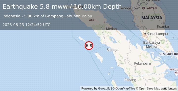 Earthquake 54 km SE of Sinabang, Indonesia (5.8 mww) (2025-08-23 12:24:52 UTC)
