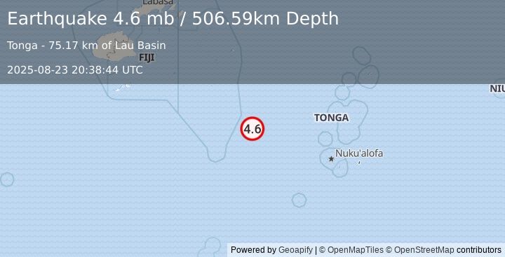 Earthquake 267 km WNW of Houma, Tonga (4.6 mb) (2025-08-23 20:38:44 UTC)