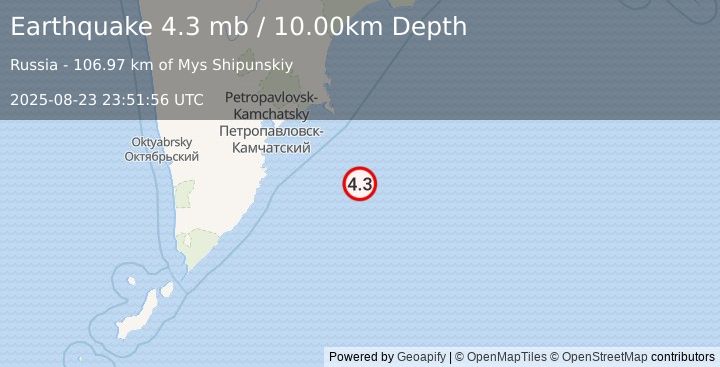 Earthquake 164 km SE of Petropavlovsk-Kamchatsky, Russia (4.3 mb) (2025-08-23 23:51:56 UTC)