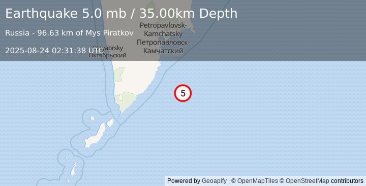 Earthquake 170 km SSE of Vilyuchinsk, Russia (5.0 mb) (2025-08-24 02:31:38 UTC)