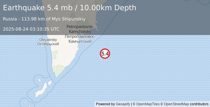 Earthquake 166 km SE of Petropavlovsk-Kamchatsky, Russia (5.4 mb) (2025-08-24 03:10:35 UTC)