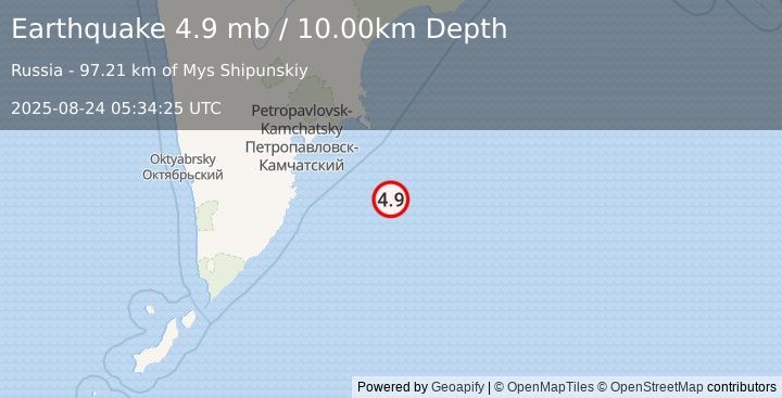Earthquake 152 km SE of Petropavlovsk-Kamchatsky, Russia (4.9 mb) (2025-08-24 05:34:25 UTC)