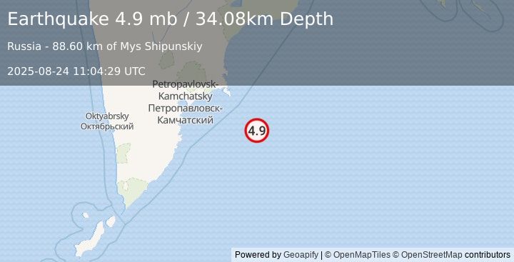 Earthquake 164 km ESE of Petropavlovsk-Kamchatsky, Russia (4.9 mb) (2025-08-24 11:04:29 UTC)