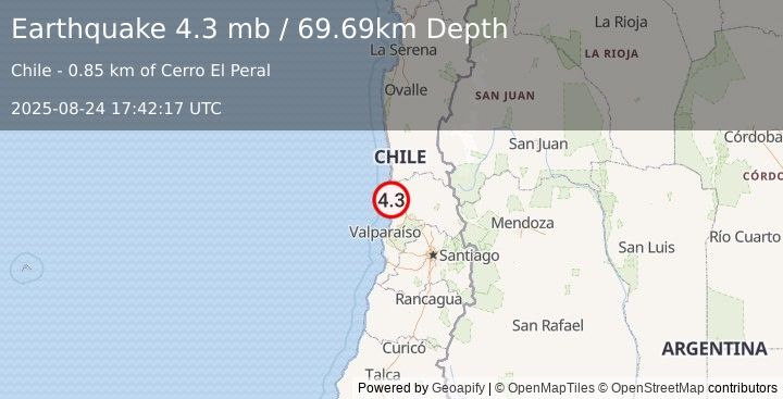 Earthquake 25 km WSW of La Ligua, Chile (4.3 mb) (2025-08-24 17:42:17 UTC)