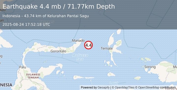 Earthquake 80 km ESE of Bitung, Indonesia (4.4 mb) (2025-08-24 17:52:18 UTC)