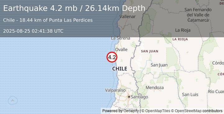 Earthquake 81 km SW of Ovalle, Chile (4.2 mb) (2025-08-25 02:41:38 UTC)
