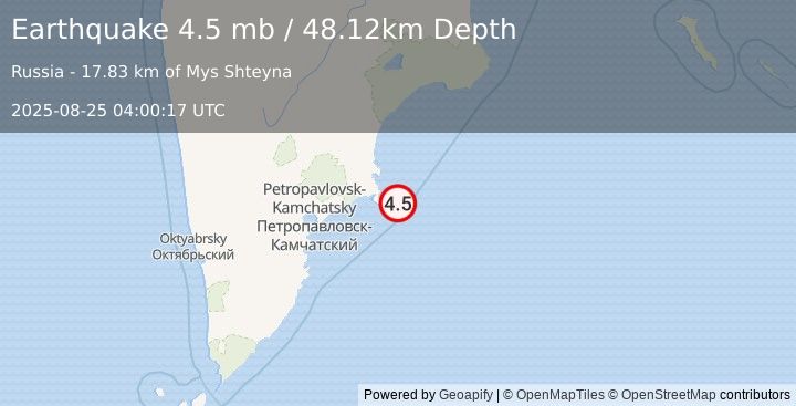 Earthquake 113 km E of Petropavlovsk-Kamchatsky, Russia (4.5 mb) (2025-08-25 04:00:17 UTC)