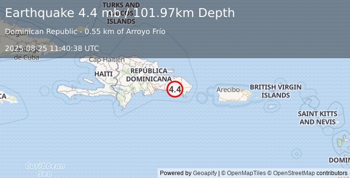 Earthquake 8 km SE of Ramón Santana, Dominican Republic (4.4 mb) (2025-08-25 11:40:38 UTC)
