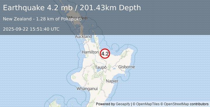 Earthquake 13 km SSW of Maketu, New Zealand (4.2 mb) (2025-09-22 15:51:40 UTC)