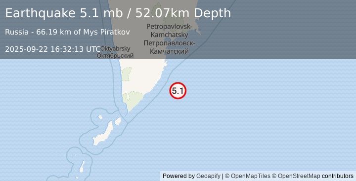 Earthquake 153 km SSE of Vilyuchinsk, Russia (5.1 mb) (2025-09-22 16:32:13 UTC)