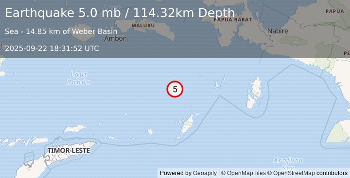 Earthquake 212 km W of Tual, Indonesia (5.0 mb) (2025-09-22 18:31:52 UTC)