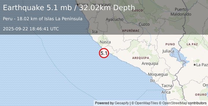 Earthquake 33 km SSE of San Juan, Peru (5.1 mb) (2025-09-22 18:46:41 UTC)