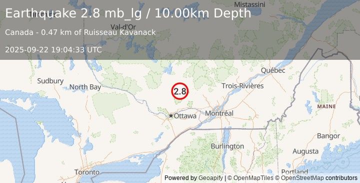 Earthquake 23 km NW of Notre-Dame-du-Mont-Carmel, Canada (2.8 mb_lg) (2025-09-22 19:04:33 UTC)