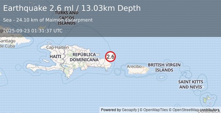 Earthquake 59 km NNE of Otra Banda, Dominican Republic (2.6 ml) (2025-09-23 01:31:37 UTC)