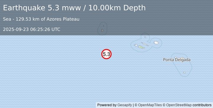 Earthquake 147 km S of Lajes das Flores, Portugal (5.3 mww) (2025-09-23 06:25:26 UTC)