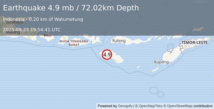 Earthquake 44 km ESE of Tambolaka, Indonesia (4.9 mb) (2025-09-23 19:54:41 UTC)