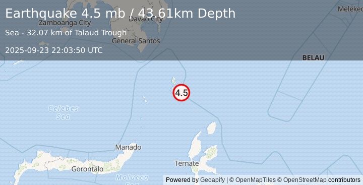 Earthquake 253 km NNW of Tobelo, Indonesia (4.5 mb) (2025-09-23 22:03:50 UTC)