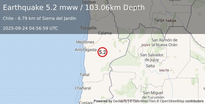 Earthquake 133 km E of Antofagasta, Chile (5.2 mww) (2025-09-24 04:56:59 UTC)
