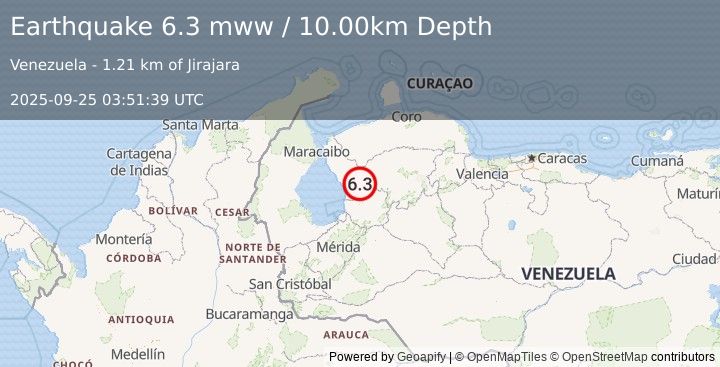 Earthquake 28 km ENE of Mene Grande, Venezuela (6.3 mww) (2025-09-25 03:51:39 UTC)