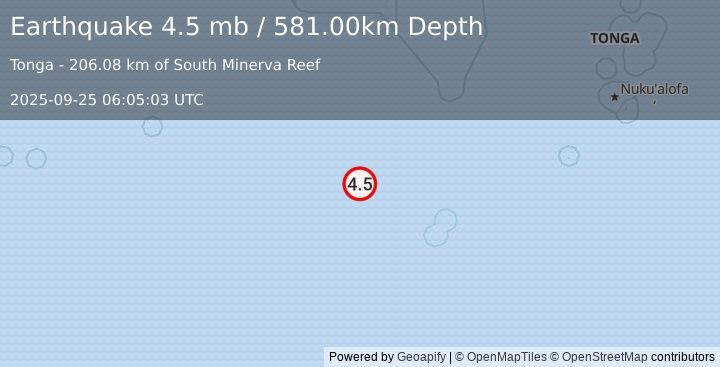 Earthquake south of the Fiji Islands (4.5 mb) (2025-09-25 06:05:03 UTC)