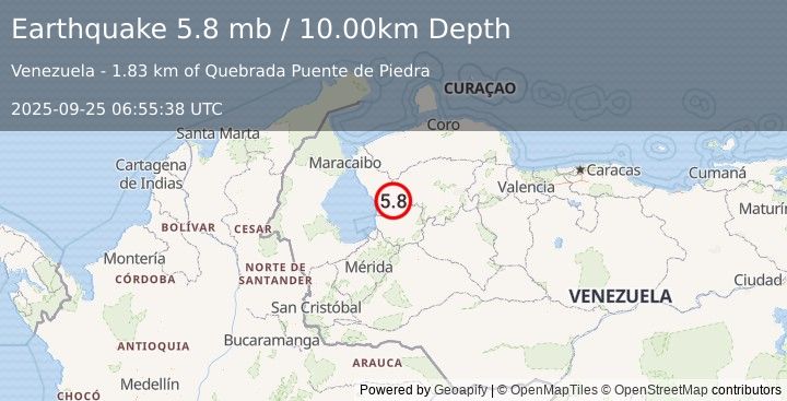 Earthquake 28 km E of Mene Grande, Venezuela (5.8 mb) (2025-09-25 06:55:38 UTC)