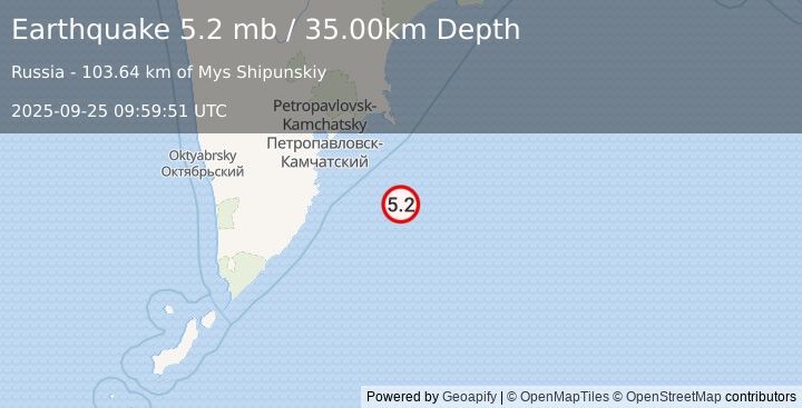 Earthquake 143 km SE of Petropavlovsk-Kamchatsky, Russia (5.2 mb) (2025-09-25 09:59:51 UTC)