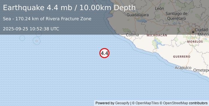 Earthquake 186 km SSW of Emiliano Zapata, Mexico (4.4 mb) (2025-09-25 10:52:38 UTC)