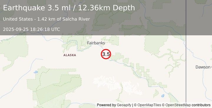Earthquake 5 km SSW of Salcha, Alaska (3.5 ml) (2025-09-25 18:26:18 UTC)