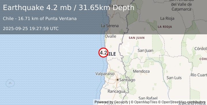 Earthquake 53 km W of Illapel, Chile (4.2 mb) (2025-09-25 19:27:59 UTC)