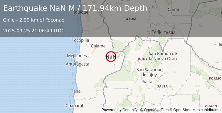Earthquake 34 km SE of San Pedro de Atacama, Chile (NaN M) (2025-09-25 21:06:49 UTC)