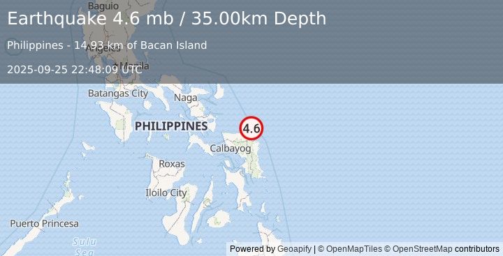 Earthquake 18 km NNE of Cabatuan, Philippines (4.6 mb) (2025-09-25 22:48:09 UTC)