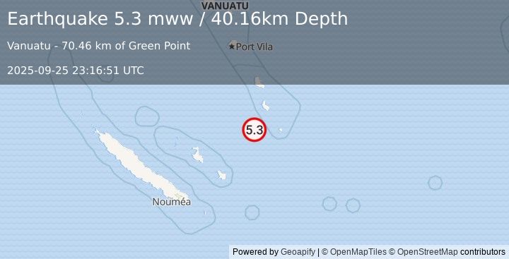 Earthquake 76 km SSW of Isangel, Vanuatu (5.3 mww) (2025-09-25 23:16:51 UTC)