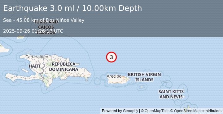 Earthquake 137 km N of Isabela, Puerto Rico (3.0 ml) (2025-09-26 01:26:17 UTC)