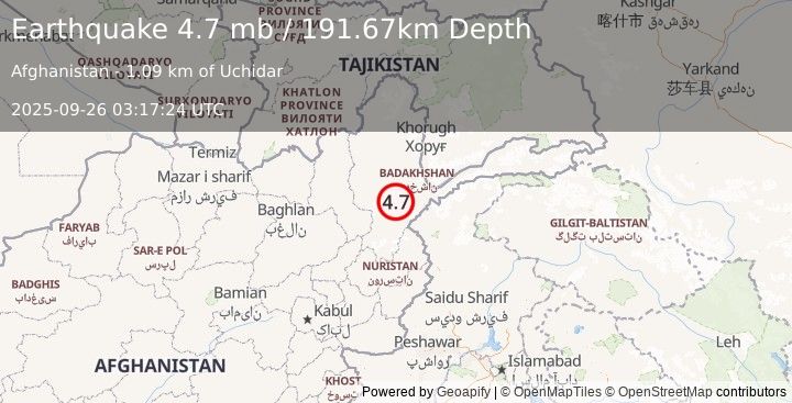 Earthquake 47 km SSE of Jurm, Afghanistan (4.7 mb) (2025-09-26 03:17:24 UTC)