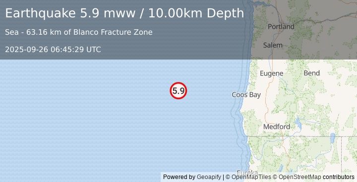 Earthquake 231 km W of Bandon, Oregon (5.9 mww) (2025-09-26 06:45:29 UTC)