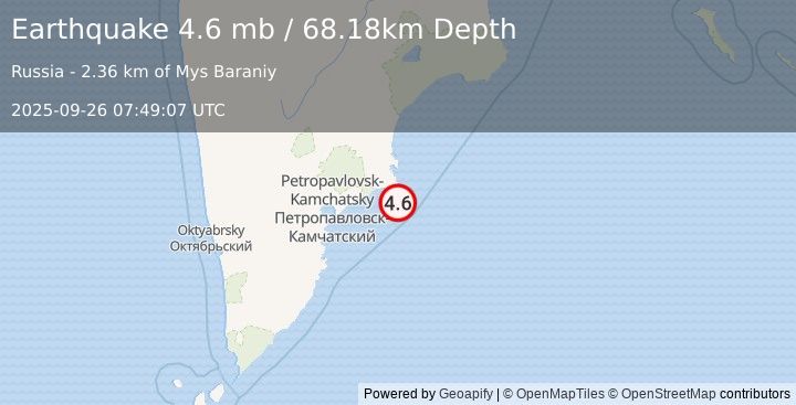 Earthquake 89 km E of Petropavlovsk-Kamchatsky, Russia (4.6 mb) (2025-09-26 07:49:07 UTC)