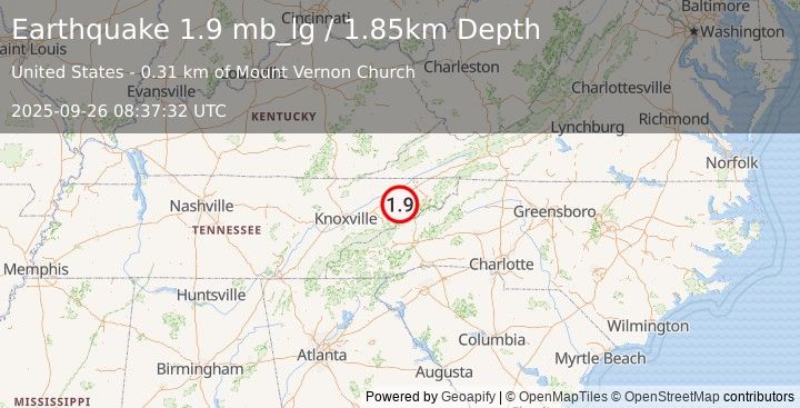 Earthquake 3 km NNW of Greeneville, Tennessee (1.9 mb_lg) (2025-09-26 08:37:32 UTC)