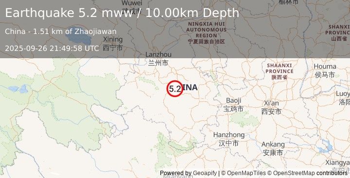 Earthquake 19 km NW of Hualin, China (5.2 mww) (2025-09-26 21:49:58 UTC)