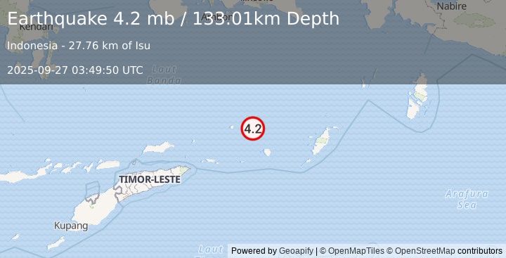 Earthquake 292 km ENE of Lospalos, Timor Leste (4.2 mb) (2025-09-27 03:49:50 UTC)