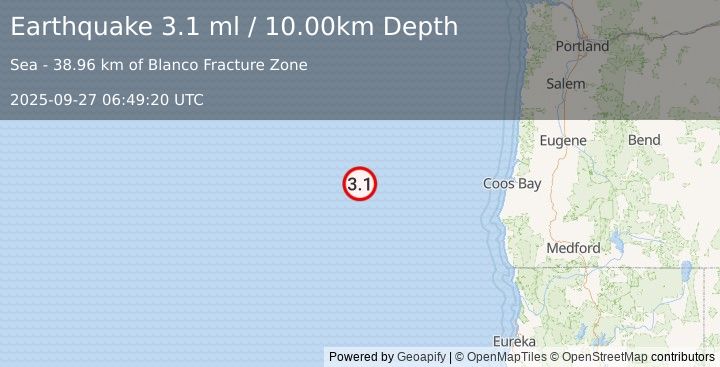 Earthquake 257 km W of Bandon, Oregon (3.1 ml) (2025-09-27 06:49:20 UTC)