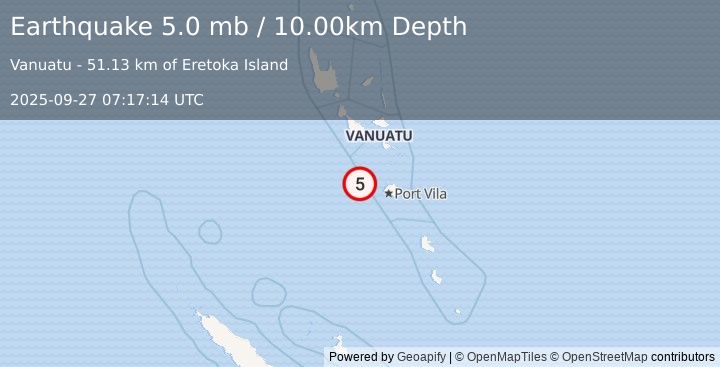 Earthquake 70 km WNW of Port-Vila, Vanuatu (5.0 mb) (2025-09-27 07:17:14 UTC)