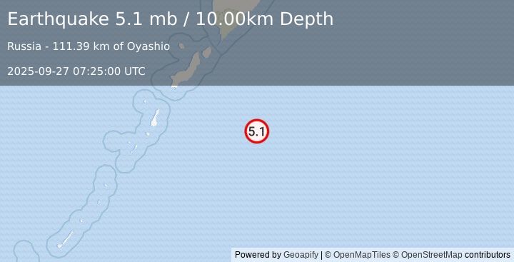Earthquake 208 km SE of Severo-Kuril’sk, Russia (5.1 mb) (2025-09-27 07:25:00 UTC)