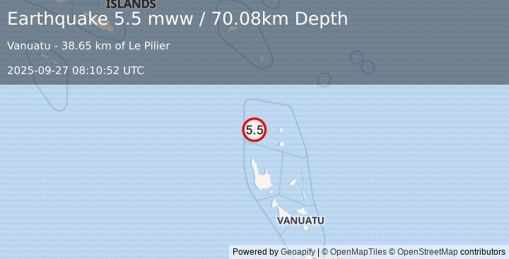 Earthquake 96 km W of Sola, Vanuatu (5.5 mww) (2025-09-27 08:10:52 UTC)