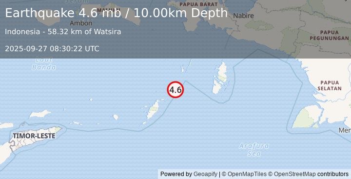 Earthquake 121 km SSW of Tual, Indonesia (4.6 mb) (2025-09-27 08:30:22 UTC)