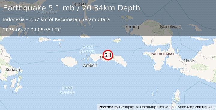Earthquake 69 km NE of Masohi, Indonesia (5.1 mb) (2025-09-27 09:08:55 UTC)