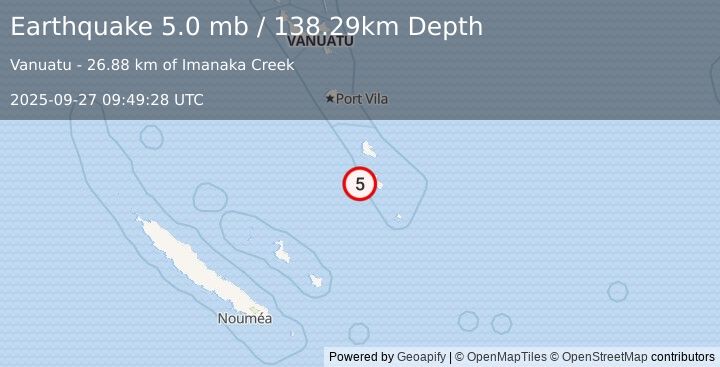 Earthquake 32 km W of Isangel, Vanuatu (5.0 mb) (2025-09-27 09:49:28 UTC)
