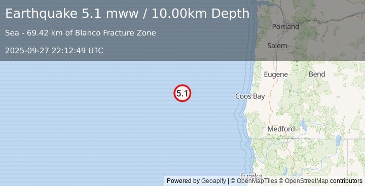 Earthquake 225 km W of Bandon, Oregon (5.1 mww) (2025-09-27 22:12:49 UTC)